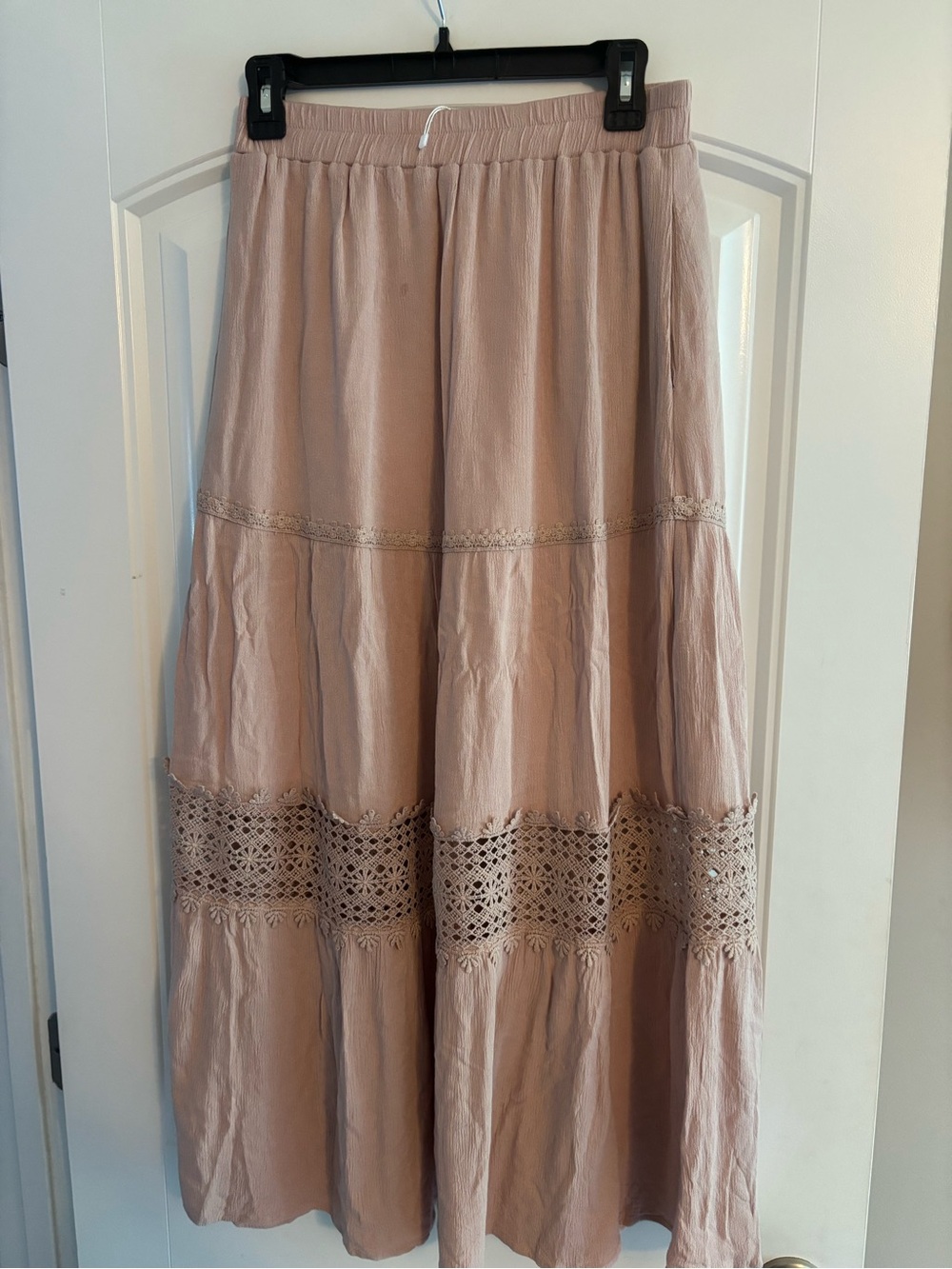 Crochet-Trim Tiered Maxi Skirt - Blush Pink